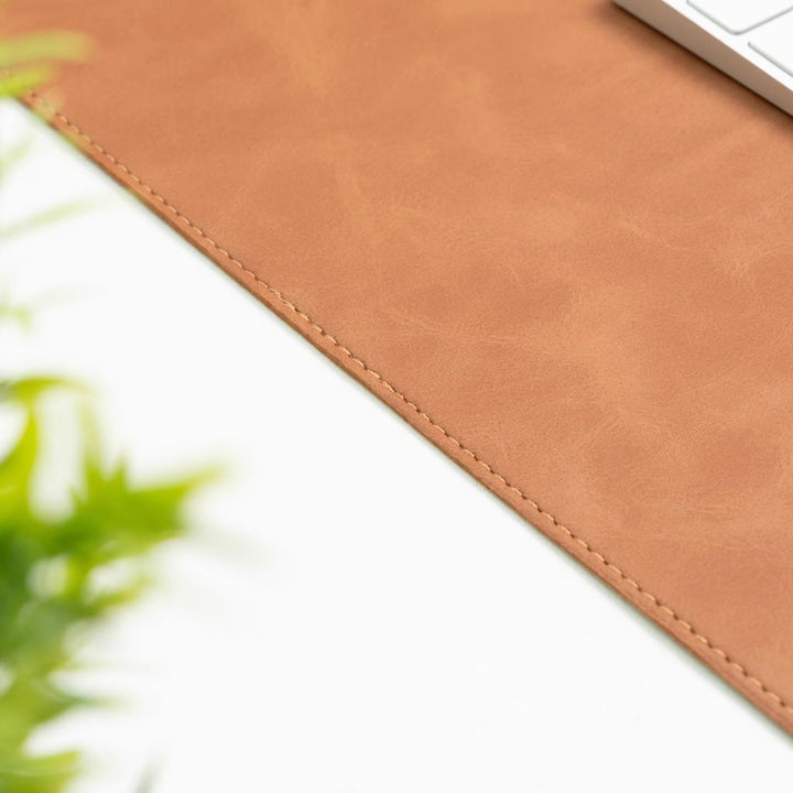 SootheForLife crazy horse style brown desk mat edge stitching closeup for premium handmade detail