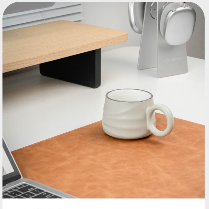 SootheForLife crazy horse style brown desk mat with heat insulating mug for cozy desk scene