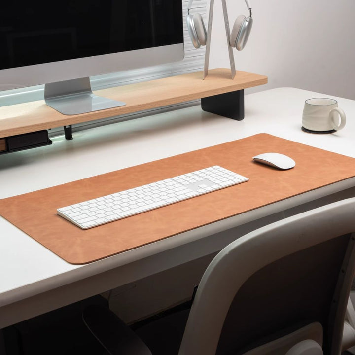 SootheForLife crazy horse style brown desk mat with heat insulating mug for cozy desk scene