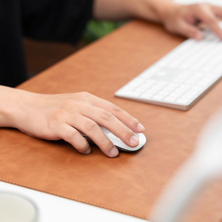 SootheForLife crazy horse style brown desk mat scratch test with fork for durability showcase