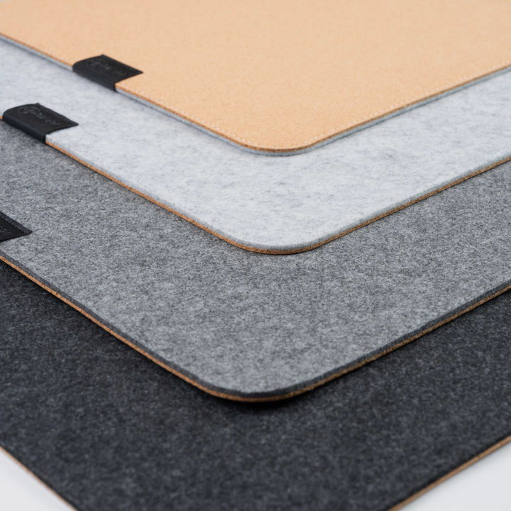 SootheForLife felt desk mat corner cork back closeup showing non-slip layered structure
