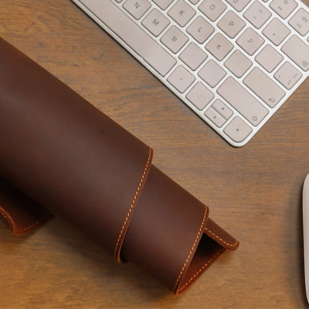 SootheForLife brown leather desk mat corner and roll closeup for premium detail view