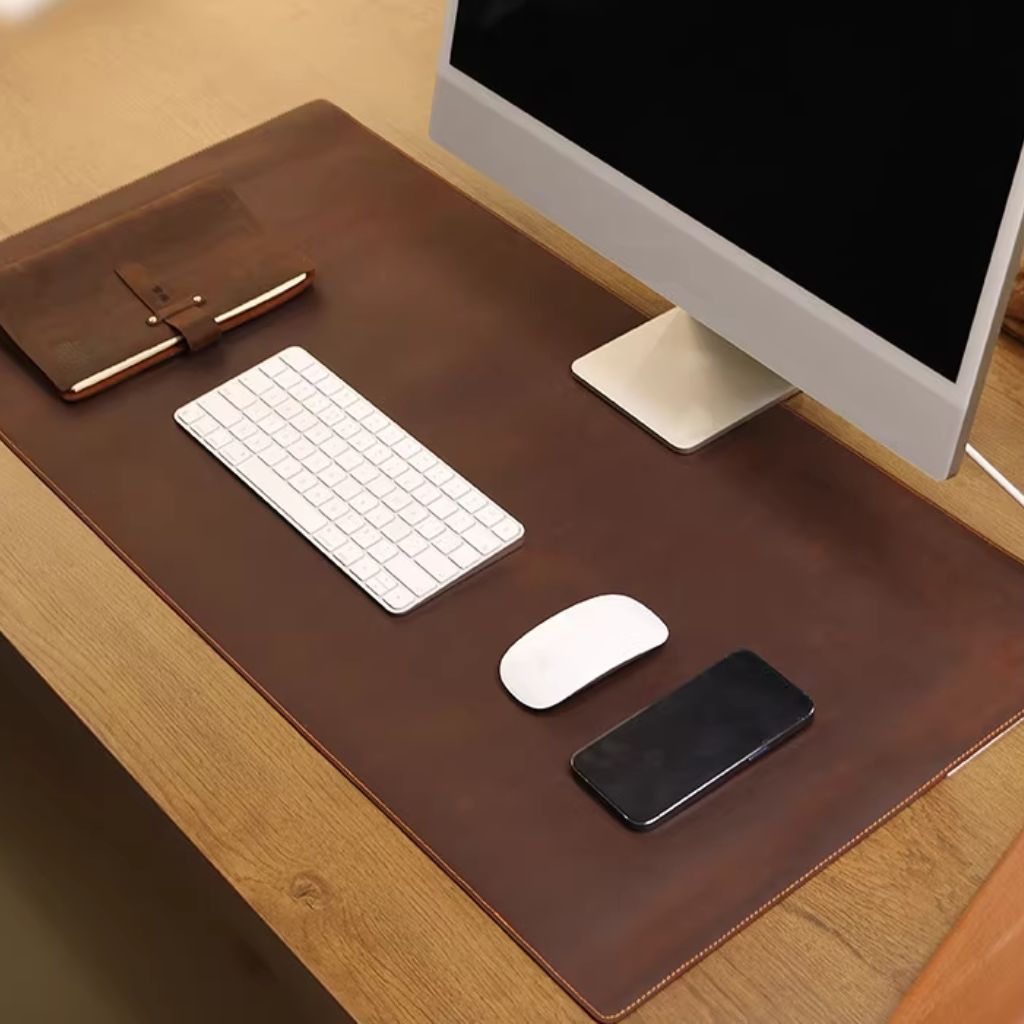 SootheForLife brown leather desk mat in office workspace for elegant home setups