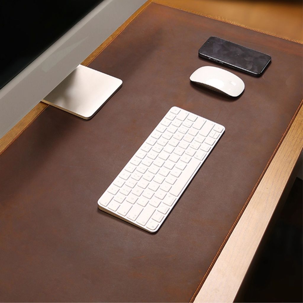 SootheForLife brown leather desk mat with keyboard and mouse for organized home offices