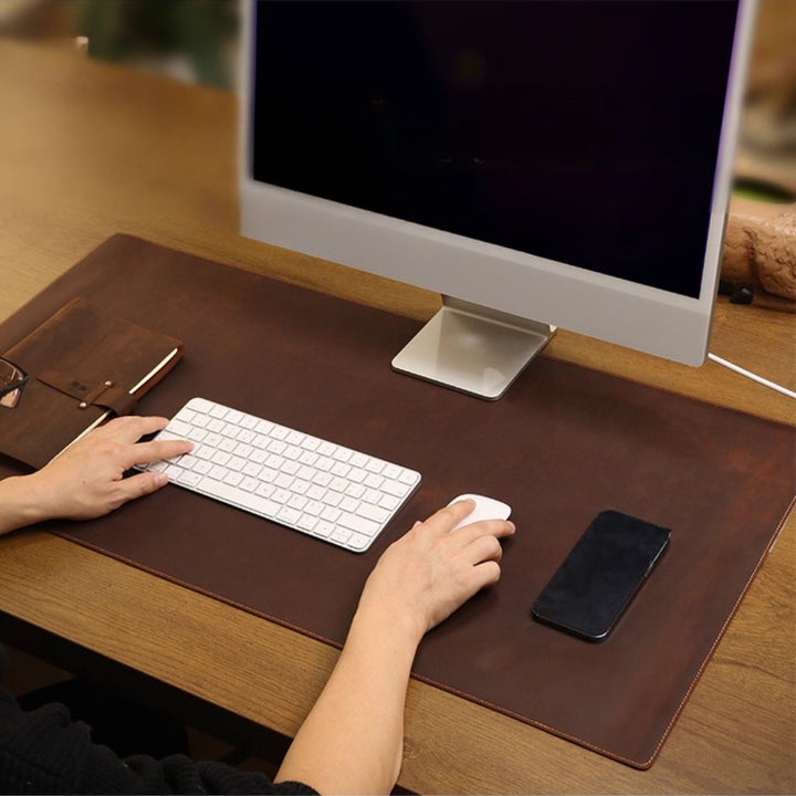 SootheForLife brown leather desk mat typing scene for elegant workspace users