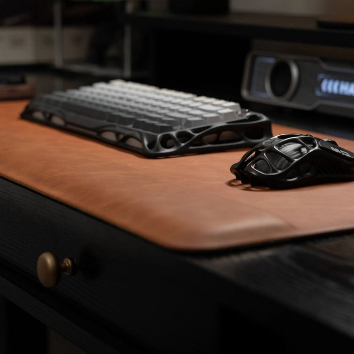 SootheForLife magnetic wrist rest desk mat top view with light grey keyboard setup