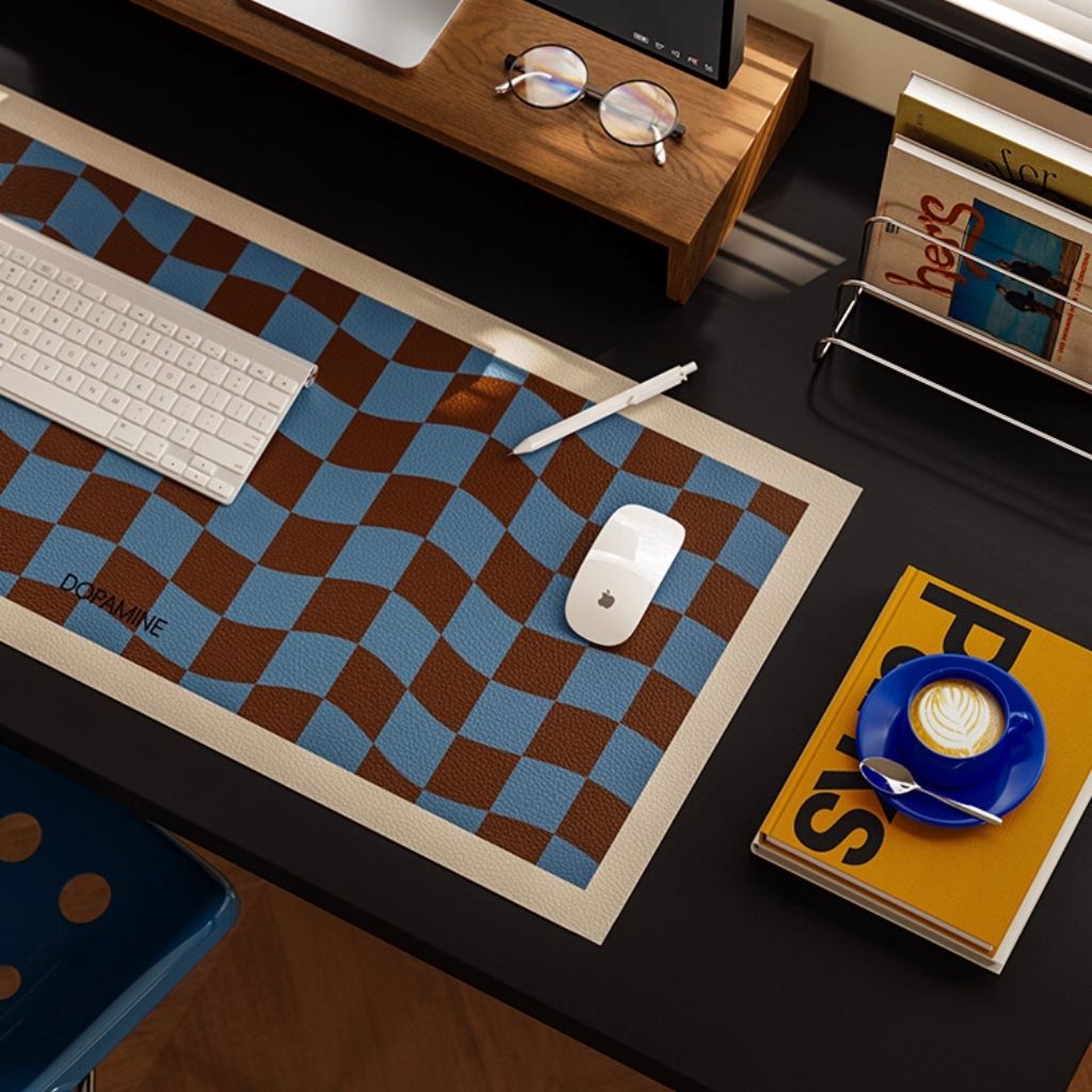 SootheForLife grid blue-brown desk mat closeup for detail-focused shoppers